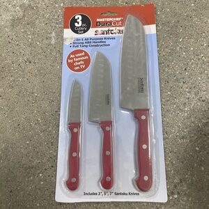 3 Master Chef Dura Cut SANTOKU Knives Red Handle, brand new